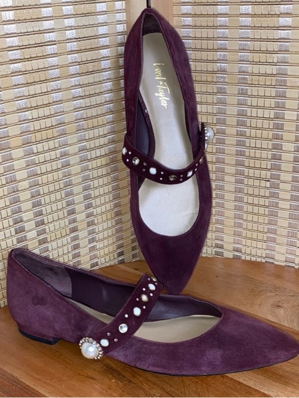 Lord & Taylor Suede Embellished Strap Merlot Leather Flats Size 7.5
